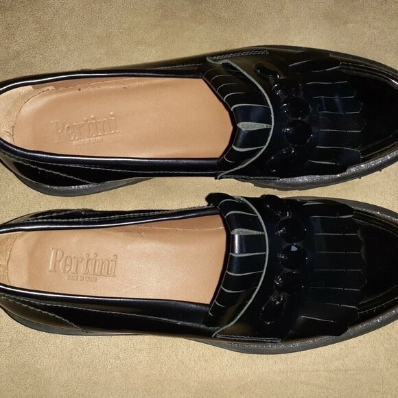 PERTINI-Black Leather Kilties Jeweled Loafers-Lightweight-Size 38/7.5-Excellent - Picture 6 of 7